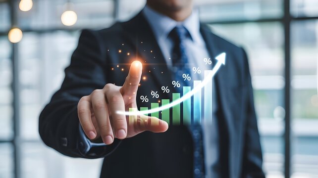 Planning and strategy, Stock market, Business growth, progress or success concept. Businessman or trader is showing a growing virtual hologram stock, invest in trading. Height return.	