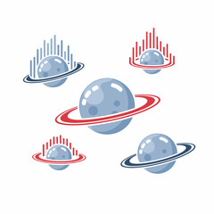 Collection of Cartoon Planets with Rings and Abstract Line Graphics.
