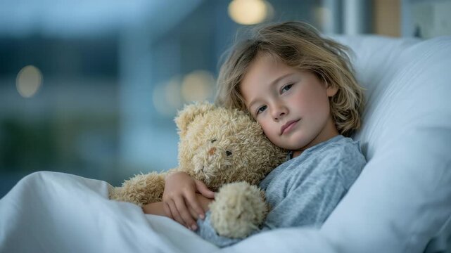 80Little girl patient hugging a worn teddy bear on hospital bed, gentle sunlight illuminating her face, hospital room softly in background