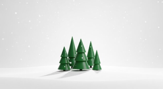 A cluster of stylized green Christmas trees in a minimal, snowy white backdrop with falling flakes
