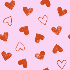 Linocut hearts seamless repeat vector pattern. Hand printed grunge relief printing textured aged distressed heart shapes endless Valentine's day background. Craft handmade wrapping paper template
