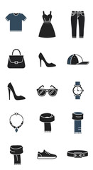 Collection of Fashionable Clothing and Accessories in Silhouette Style.