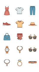 Collection of Fashionable Clothing and Accessories Icons.
