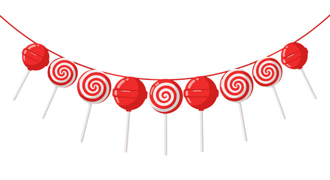 Red spiral lollipops hanging on string in festive style  