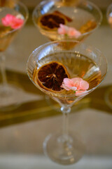 Refreshing summer iced drink. Pink gin tonic cold cocktail.