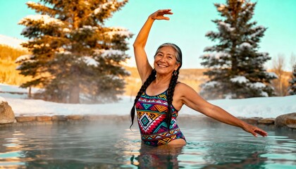 Fototapeta premium Happy senior woman relaxing in an outdoor hot spring in winter. Mature indigenous person enjoying a geothermal spa in a snowy landscape. Active retirement and wellness concept