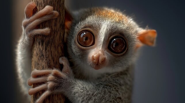 Cute gray tree shrew clinging to a wooden post in a dimly lit environment during the evening hours