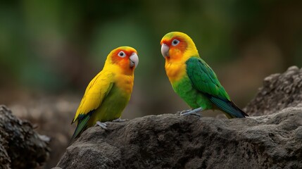 Obraz premium Colorful parrots interact on a rocky surface in a natural setting during daytime
