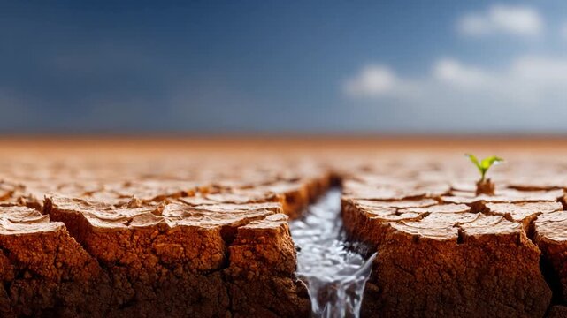 The Struggle for Life: A resilient sprout emerges from parched earth, a testament to nature's tenacity against the backdrop of drought and desolation. 
