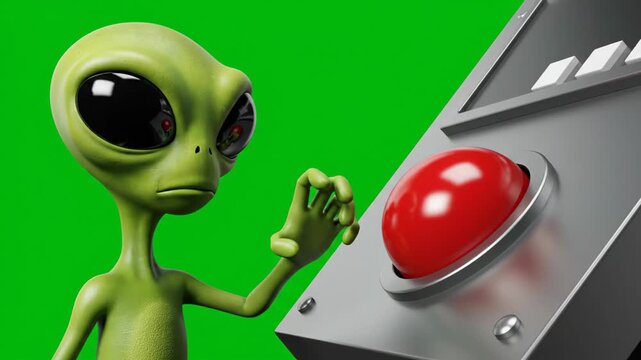 Alien Pressing Red Button on Green Screen - A green alien with large black eyes is depicted pressing a large red button on a metal control panel, set against a green screen background.