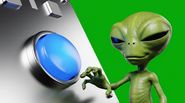 Alien Pushing Button on Green Screen - A green alien with large black eyes is depicted reaching out to press a large blue button on a futuristic-looking silver panel.