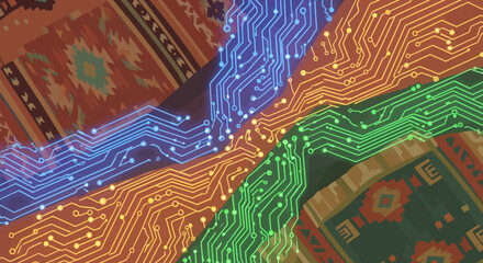 Colorful Circuit Board Design on Varied Fabric Backgrounds, Technology and Tradition.