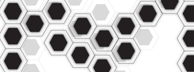 Fototapeta premium Abstract Monochrome Hexagonal Geometric Pattern with Black, White, and Gray Hexagon Pattern. Symmetrical Honeycomb Structure with Technology Themes, Futuristic Layouts, Design Projects