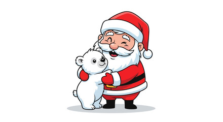 Santa Claus embracing a cute polar bear with love and festive cheer, spreading joy during the holiday season with endearing cartoon illustration