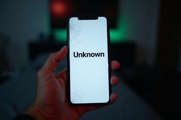 Telephone fraud. An incoming unknown call appears on a smartphone screen. Criminal activity using a mobile phone. A call from an unknown number.