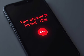 Your account is locked. A mobile phone hacked by scammers. Phone screen with hacking notification.