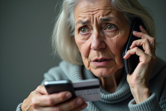 An elderly woman fell victim to a phone scam. A frightened elderly woman is talking on the phone, holding a bank card. An anxious woman is dictating her bank card details over the phone.