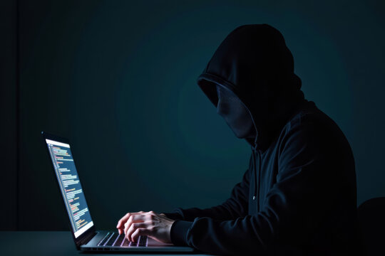 A hacker in a black mask works on a laptop at night. A masked hacker hacks websites in the dark, wearing a hood. Anonymous hacker in a mask breaking into computer systems in a dark room.