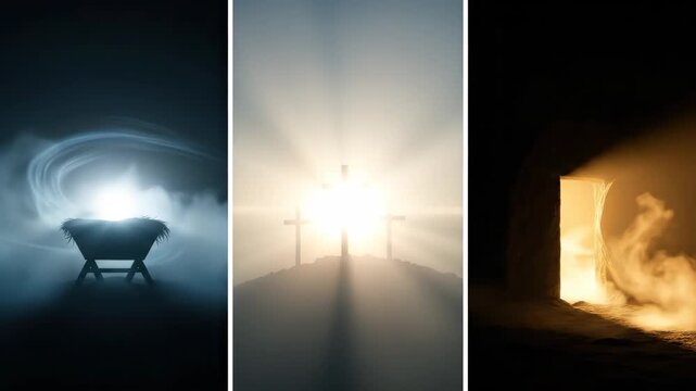 From nativity manger to resurrection tomb, the journey of christian faith and salvation, a religious concept for Easter