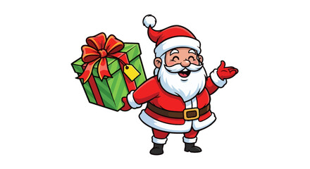 Cheerful Santa Claus bringing holiday joy with a beautifully wrapped gift, spreading holiday cheer and festive spirit this Christmas season