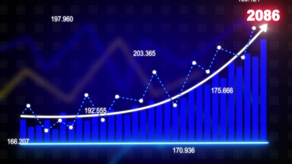 Business growth concept in allusive graph chart showing marketing sales profit increasing to future target .Excellent financial status of corporate business rise up, 2086 new year business background 