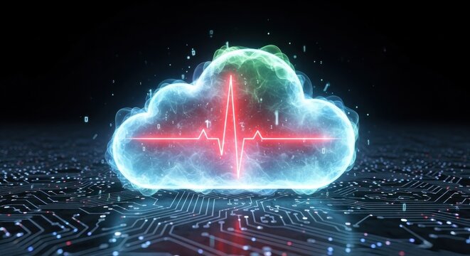 A glowing cloud with a red heartbeat symbol on a dark background, representing a futuristic or digital concept. - Powered by Adobe