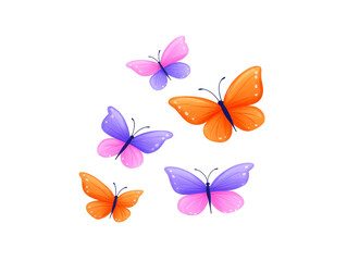Colorful butterflies with vibrant orange, purple, and pink wings, isolated on transparent background, evoke cheerful and lively mood, perfect for spring or summer designs