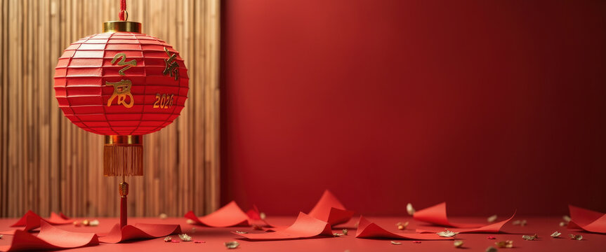 Chinese red lantern with '2026' gold calligraphy hanging against bamboo background, traditional paper cuttings scattered below - Powered by Adobe