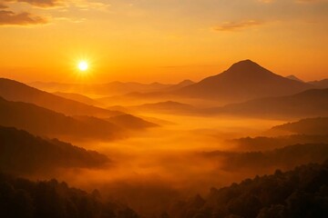 Fototapeta premium Golden sunrise over misty mountain landscape with sun rays illuminating layers of hills and valleys 