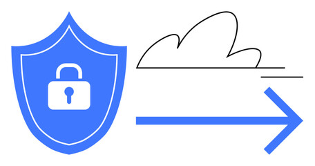 Blue shield with lock, cloud outline, and arrow implying protected data movement. Ideal for cybersecurity, cloud security, data sharing, encryption, safe transfers, privacy simple flat metaphor