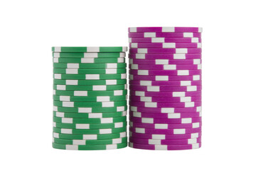 Green poker chip purple poker chip casino chip gambling chip plastic chip stack isolated transparency background luck leisure activity excitement competition gaming entertainment risk strategy