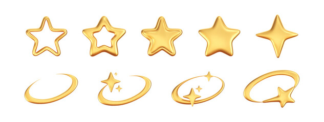 Obraz na płótnie Canvas 3D gold star icon set in futuristic isolated on dark background. Glossy golden cyber star for Christmas and New Year decoration, galaxy emoji with falling star, bling, spark. 3D realistic y2k vector