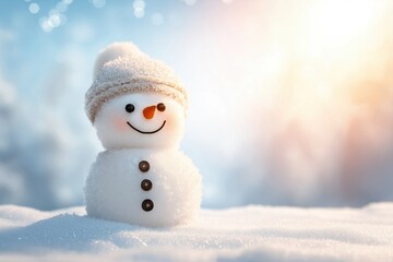 Obraz premium Happy snowman wearing a hat standing in snow