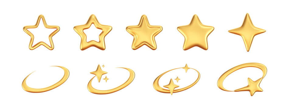 3D gold star icon set in futuristic isolated on dark background. Glossy golden cyber star for Christmas and New Year decoration, galaxy emoji with falling star, bling, spark. 3D realistic y2k vector