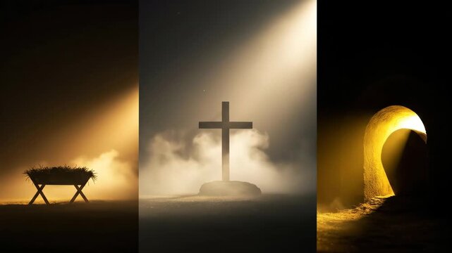 The journey of Christianity from manger and cross to empty tomb representing birth, sacrifice, and resurrection of Jesus Christ.