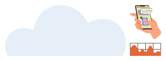 Cloud backdrop with hand holding smartphone showing message notification, and line chart analyzing data trends. Ideal for technology, communication, networking, data sync, analytics, cloud storage