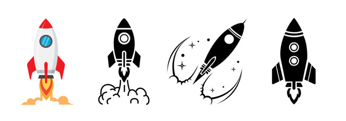 Rocket launch icon set. Space launch silhouette and line art vector collection