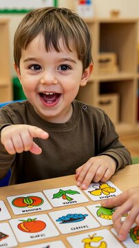 Enthusiastic child learning with colorful flashcards in classroom setting
