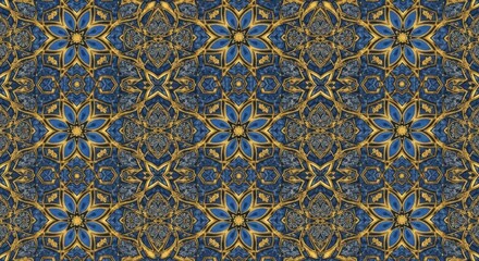 Intricate geometric pattern with blue and gold hues, creating a luxurious and ornamental design reminiscent of traditional textiles and decorative art, perfect for backgrounds