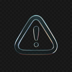 3D glass warning icon with holographic neon gradient glow isolated on dark bg. Render of liquid glass triangle attention sign. Transparent caution mark for danger, exclamation and hazard. 3D vector