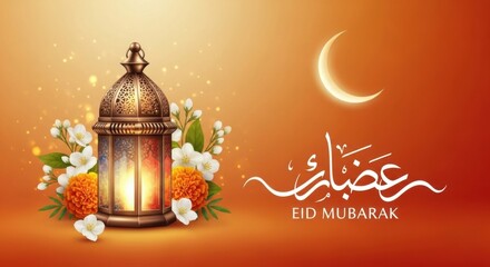 Eid mubarak greeting card with a vintage lantern, flowers, and crescent moon on an orange background, celebrating the end of ramadan with joy and blessings