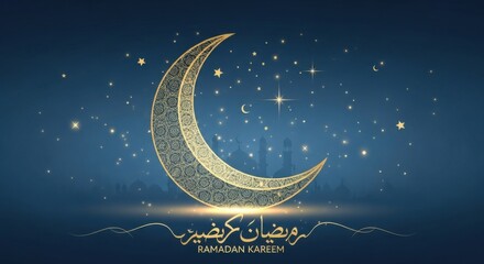 Ramadan kareem greeting card with golden crescent moon and stars on a dark blue background, featuring arabic calligraphy for a blessed and festive celebration