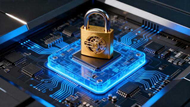 Golden Padlock Secured on Glowing Blue Microprocessor for Data Protection cybersecurity - Powered by Adobe