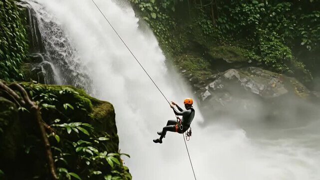 Person rappelling down lush waterfall adventure sport challenge tropical jungle landscape