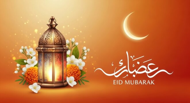 Eid mubarak greeting card with a vintage lantern, flowers, and crescent moon on an orange background, celebrating the end of ramadan with joy and blessings