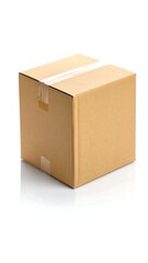 Cardboard box on a white background, partially taped