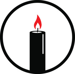 Fototapeta premium Simple vector illustration of a burning black candle with a red flame inside a circular outline on white.