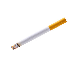 Cigarette with burning tip, white paper, yellow filter, isolated on transparent background, symbolizing addiction, health risk, and stress relief