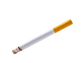 Cigarette with burning tip, white paper, yellow filter, isolated on transparent background, symbolizing addiction, health risk, and stress relief