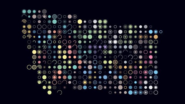 Montana animation. Shape of the state with pulsating colored dots. Large size circle blocks. Digital style map on dark background. Creative video.